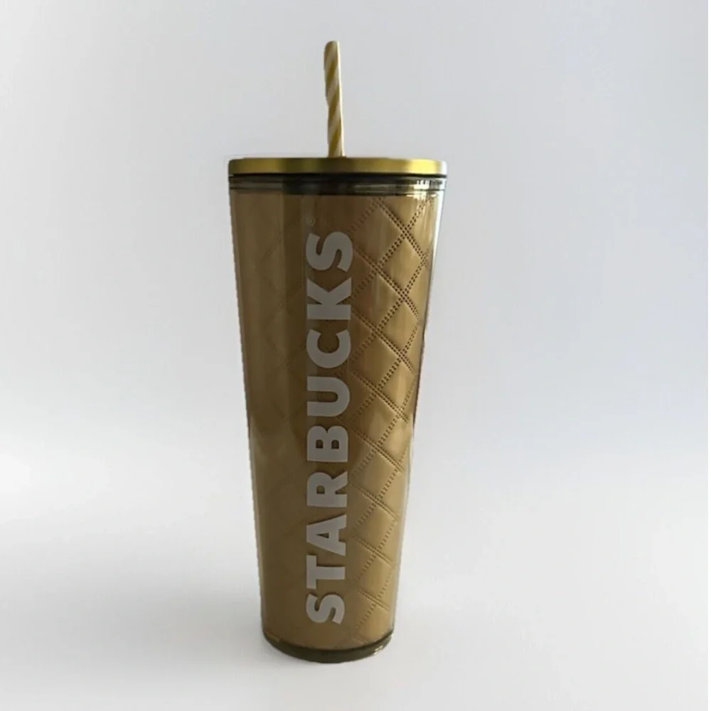 STARBUCKS Gold Metallic Quilted Tumbler Cup 24oz Venti Christmas Holiday edition